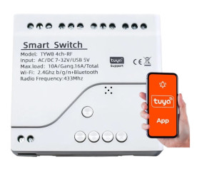 Przekaźnik Beznapięciowy 4-kanałowy WiFi + RF433 Tuya Zasilanie 5–32 V AC/DC lub 5 V microUSB