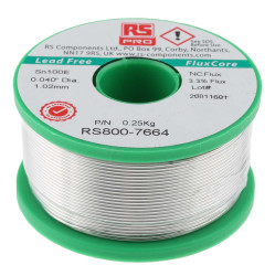 Lut bez ołowiu średnica 1.01mm RS PRO 0% Pb temp. topnienia 228°C 250g 0.5% Cu 99.5% Zn