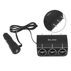 Rozgałężnik gniazda zapalniczki x3 + USB we wtyku na kablu / 96-878