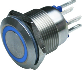 Vandal-proof pushbutton, 2 pole, silver, illuminated  (blue), 0.05 A/24 V, mounting Ø 19.2 mm, IP66, MPI002/28/BL