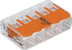 WAGO 221-415-25 221 Złącze zaciskowe elastyczny: 0.14-4 mm² stała: 0.2-4 mm² Ilość styków: 5 25 szt. przeźroczysty, poma