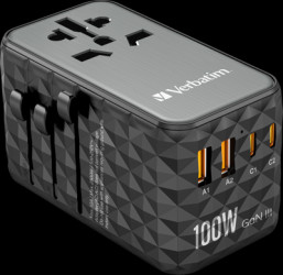 Universal Travel-Charger, UTA-06, GaN III, 100WPower Plug (EU/UK/USA) 100-250V, 2x USB-A,2x USB-C
