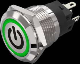 Vandal-proof pushbutton switch, silver, illuminated  (green), mounting Ø 19 mm, IP65/IP67, 82-5151.2134.B002