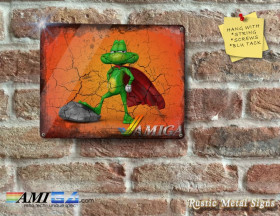 3D Rendered SUPERFROG posing with a Rock. Complete with AMIGA Logo - Metal Sign