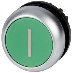 Pushbutton switch, unlit, latching, waistband round, green, front ring silver gray, mounting Ø 22.5 mm, 216630