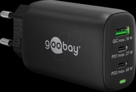 65407 USB charger, 65 W, 1x USB-A (QC), 2x USB-C (PD), GaN, black