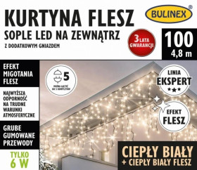 Kurtyna świetlna zewnętrzna flesz 100l kurtyna sople z dod.gniazdem 4,9 m dekoracji+1,5 m przew. zasilaj. ciepły biały/ciepły fl
