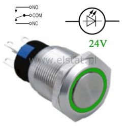 Przycisk chwilowy 19mm płaski LED zielony 24V