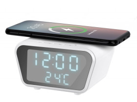 Cyfrowy zegar-budzik z ładowarką indukcyjną (biały)