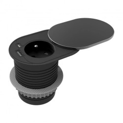 Gniazdo meblowe Ø6cm, wpuszczane w blat z przesuwną pokrywką, ładowarką USB i przewodem 1,9m, 1x2P+Z (French), 1xUS,OR-GM-9042/B