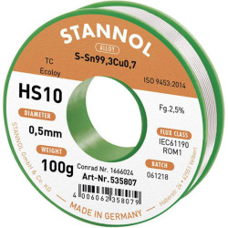 Stannol 631904 HS10 Solder 0.5mm Lead-Free Sn99.3Cu0.7 Reel 100g