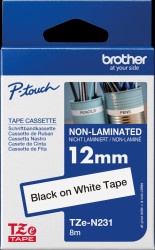 TZE-N231 Unlaminated labelling tape, black on white, 12 mm
