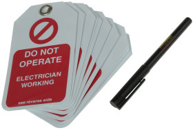 Etykieta ostrzegawcza 'Do Not Operate, Electrician Working, Equipment Locked Off'