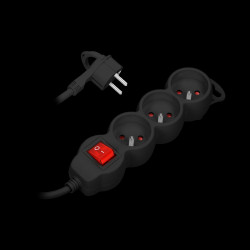 Przedłużacz 3-krotny 2P+Z z wyłącznikiem. 1.5m H05VV-F 3x1.0mm2. Imax 10A. płaska wtyczka. czarny OR-AE-13146/B/1,5M