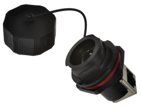 Gniazdo; RJ45 8p8c; RJ45F71RA; 8 torów; na panel; kątowe 90°; srebrno-czarny; zatrzaskowe; wtykany; złocone; IP67; poliwęglan; W