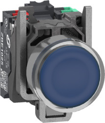Pushbutton, unlabeled, unlit, 1 Form A (N/O) + 1 Form B (N/C), waistband round, blue, front ring metal, mounting Ø 22.5 mm, XB4B