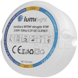 Zasilacz do puszki instalacyjnej, IP67, średnica 55mm, głębokość 22mm, 12V 3,75A 45W uniwersalny Lumilight