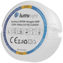 Zasilacz do puszki instalacyjnej, IP67, średnica 55mm, głębokość 22mm, 12V 5A 60W uniwersalny Lumilight