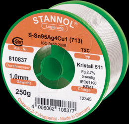 810837 Crystal 511 TSC Sn95 Sn95 Ag4 Cu1, 1.0 mm Ø 250 g