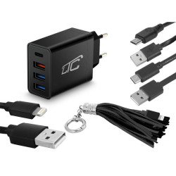 Ładowarka sieciowa 4xUSB LTC 36W Czarna, Kable USB-C/Micro/Lightning