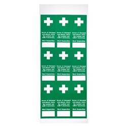 Tablica pierwszej pomocy, Poliester, Zielony/biały, Tekst: "Tamperproof First Aid Inspection Labels , Apteczka, Etykieta