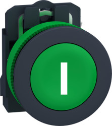 Pushbutton, labeled I, unlit, groping, 1 Form A (N/O), waistband round, green, front ring dark gray, mounting Ø 30.5 mm, XB5FA33