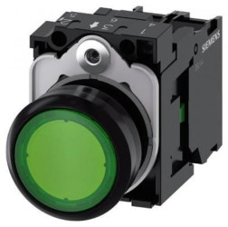 Przycisk podświetlany, 22 mm, okrągły, plastikowy, zielony, przyciskowy, płaski, z zestykiem chwilowym, z uchwytem, ​​1 NO, modu