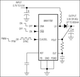 1 Cell to 3 Cell, High-Power 1A, Low-Noise, Step-Up DC-DC Converters