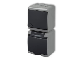 JUNIOR IP54 Wyłącznik schodowy z gniazdem pojedynczym z uziemieniem (klapka grafitowa: bez przesłon) popielaty / grafitowy 30WGH