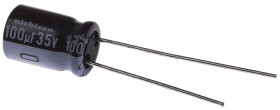 Kondensator 100μF 35V dc Radialny, Otwór przelotowy Nichicon roztaw: 3.5mm 8 (Dia.) x 11.5mm