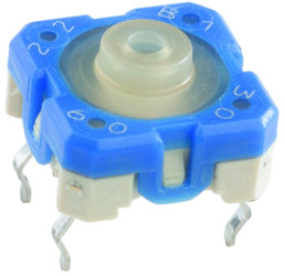 Short-stroke pushbutton, 1 Form A (N/O), 100 mA/35 V, unlit , actuator (white/blue, L 1.33 mm), 3.3 N, THT, 1.14.100.502/0000