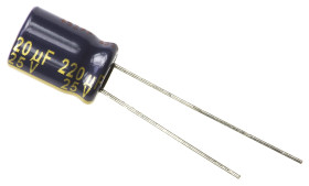 Aluminiowy kondensator elektrolityczny 220 μF 25 V dc Otwór przelotowy Panasonic Przewód promieniowy roztaw: 3.5 mm