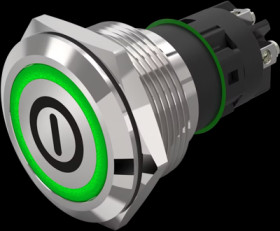 Vandal-proof pushbutton switch, silver, illuminated  (green), mounting Ø 22 mm, IP65/IP67, 82-6152.2134.B001