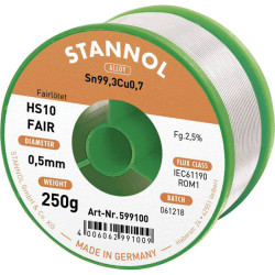 Stannol 599105 HS10-Fair Solder Reel Sn99.3Cu0.7 Eco Responsible 100g 1mm