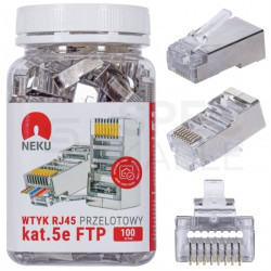 Wtyk modularny RJ45 8P8C kat.5e ekranowany FTP uniwersalny drut linka przelotowy NEKU opakowanie SŁOIK 100szt.