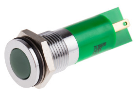 Lampka kontrolna do montażu panelowego 24V dc, zielona 14mm LED Chrom Końcówka lutownicza RS PRO