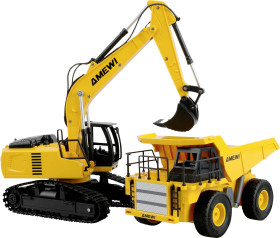 Model RC dla początkujących z dodatkowymi funkcjami Amewi 2-in-1 Set Kipper & Kettenbagger 1:24 RtR