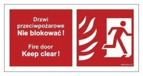ZNAK - BC049 Drzwi przeciwpożarowe, Nie blokować ! Fire door, Keep clear ! prawostronne 20 x 10 cm PS - Płyta 1mm foto.