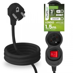 Przedłużacz Sieciowy Kabel z Uziemieniem Listwa Zasilająca 3 Gniazda 1.5m Włącznik ON/OFF Czarny Sznur Lendo Lumiled