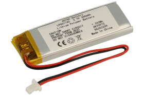 Akumulator; Li-Po; LP501745; 3,7V; 360mAh; 5,0x17x45mm; Zabezpieczenie PCM; gniazdo SHR-02V-S-B z przewodem; AKYGA