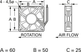 DC axial fan, 24 V, 60 x 60 x 25 mm, 26.4 m³/h, 26.7 dB, slide bearing, TRACO POWER D06 T24 LWS