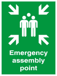 Znak BHP, tekst: "Emergency assembly point, Tworzywo sztuczne, kolor: Zielony/biały Znak
