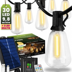 Girlanda Solarna Ogrodowa 30x LED Ozdobne Żarówki 9,8m 2700K Ciepła + Pilot GRATIS PYRIS LUMILED