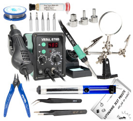 Stacja Lutownicza 878D Zestaw z Akcesoriami: Groty Cyna Topnik Uchwyt Cążki Pinceta