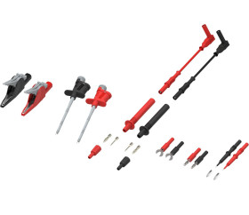 Zestaw przewodów pomiarowych, zawartość: Adaptery, zacisk krokodylkowy, elastyczny zacisk pomiarowy, przewody