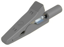 Miniature alligator clip, gray, max. 4 mm, L 41.5 mm, CAT O, crimp connection, 930318106