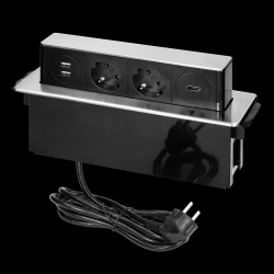 Gniazdo meblowe wysuwane z blatu z płaskim frezowanym rantem ładowarką USB i przewodem 2m 2x2P+Z (Schuko) 2 x USB (Typ... OR-GM-