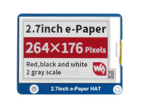 Waveshare 2.7inch e-Paper e-Ink Display HAT (B) For Raspberry Pi, 264×176, Red / Black / White, SPI