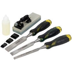 Roughneck 30-165 Professional Bevel Edge Chisel Set 3 Pc + Sharpening Kit