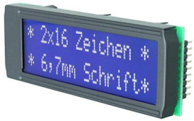 LCD text display, 2 x 16 character, STN, viewing area: 16 mm, EA W162B-N3LW